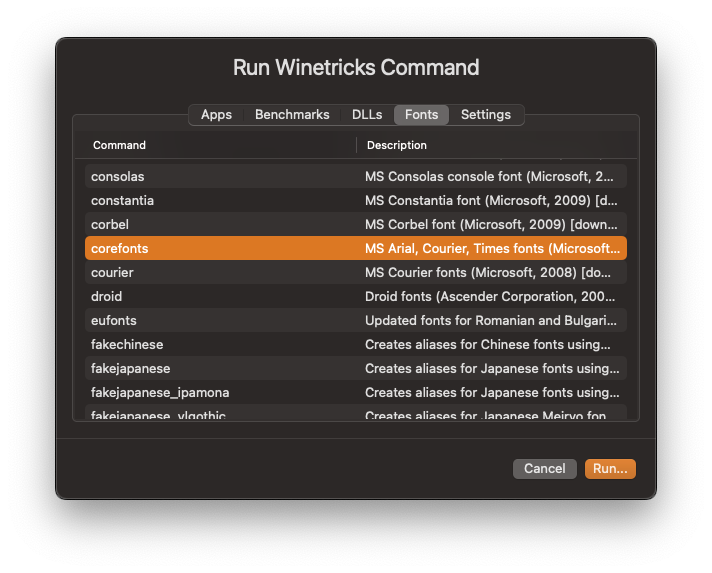 Install corefonts with Winetricks