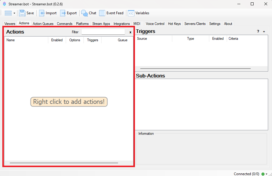 Streamer.bot Actions Section