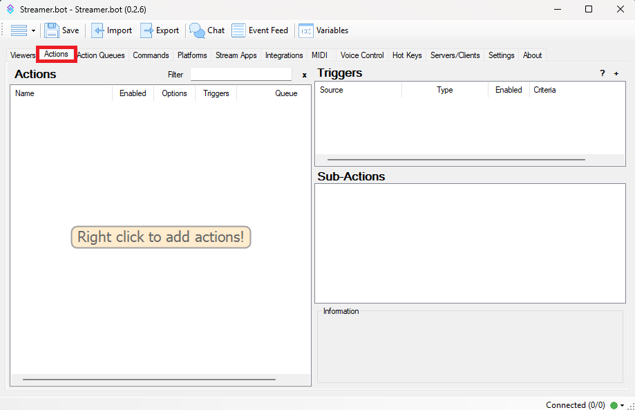 Streamer.bot Actions Tab
