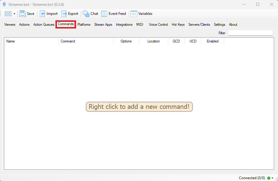 Streamer.bot Commands Tab