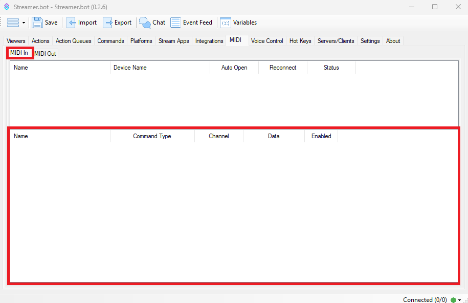 Streamer.bot MIDI In Events Section