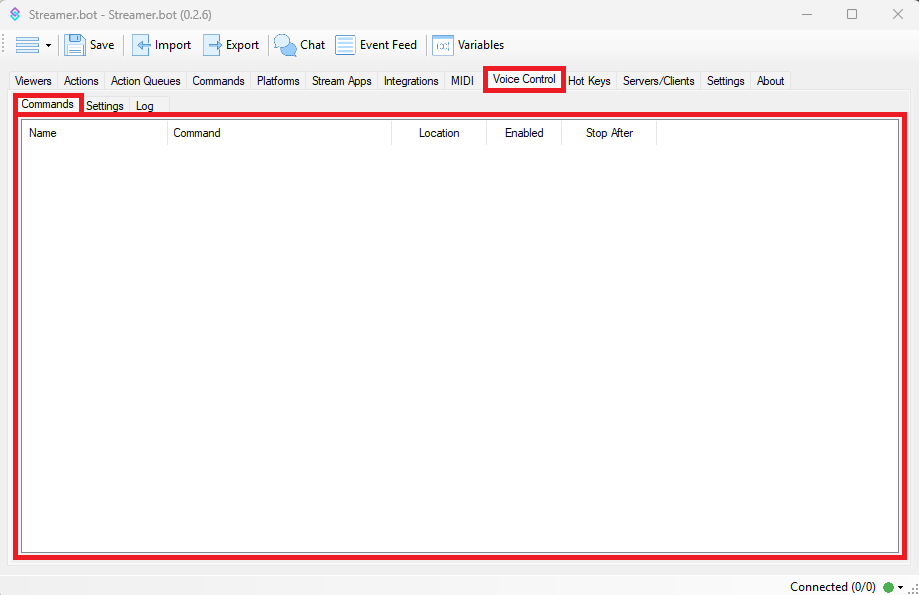 Streamer.bot Speech Commands Section
