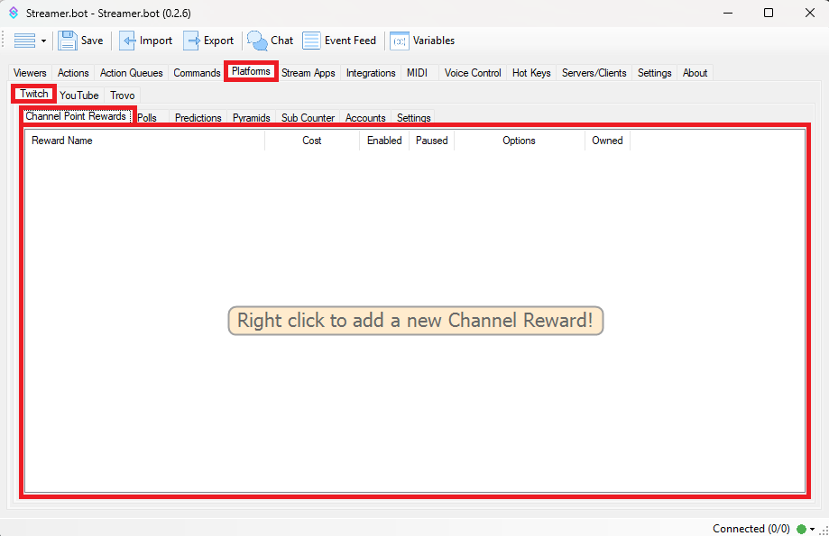 Streamer.bot Twitch Channel Rewards Section