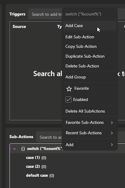 Switch context menu showing "Add Case" option