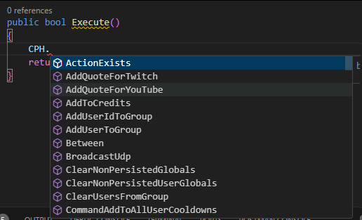 Dropdown of autocomplete options following CPH. in VS Code
