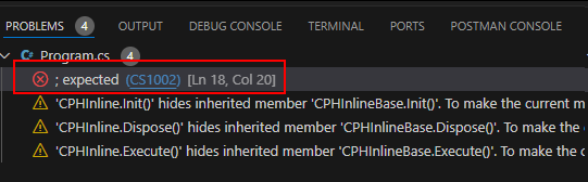 Example of missing semicolon error which will not compile
