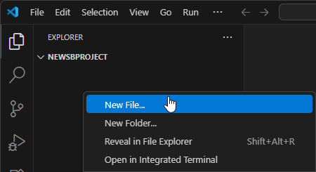 New File option being selected in VS Code's Explorer Pane context menu