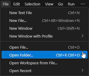 The Open Folder option being selected in VS Code's File menu