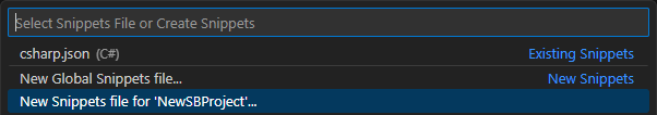 VS Code Configure Snippets Command with New Snippets file for workspace option selected
