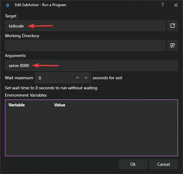 Configure Run a Program sub-action to execute tailscale serve